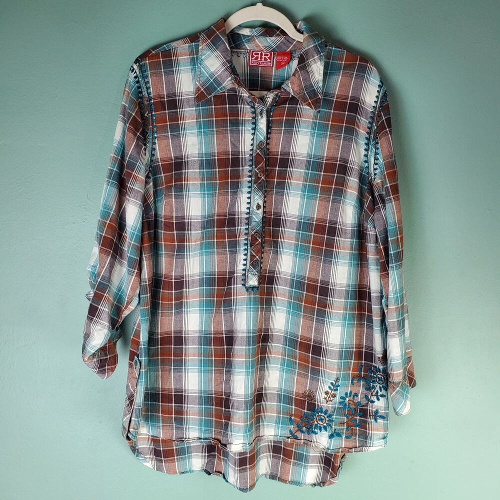 Red Ranch Womens Blue Brown Popover Plaid Floral Embroidered Western Shirt 1X